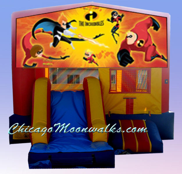 Disney The Incredibles Character Party Rental Chicago, Our Favorite Heroic Family Moonwalk will be the Highlight at your Parties. Children Love Bouncing & Sliding, Inflatable Jumpers are a Safe & Fun way to Keep Kids Busy & Entertained. Appropriate for Boys & Girls, This Licensed Disney Bounce House is a Popular Theme.